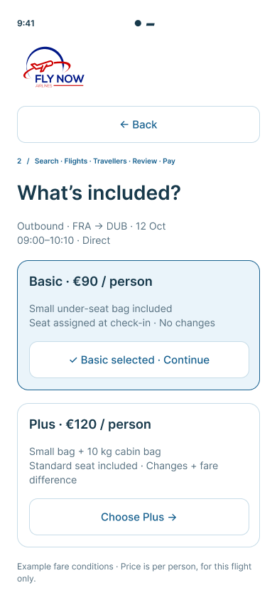 Figma testing draft with Basic visibly selected and a separate continue action