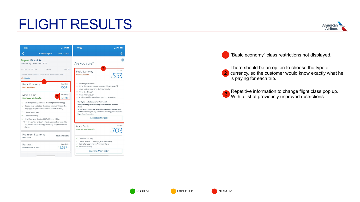 Original competitive benchmark page annotating fare restrictions in American Airlines