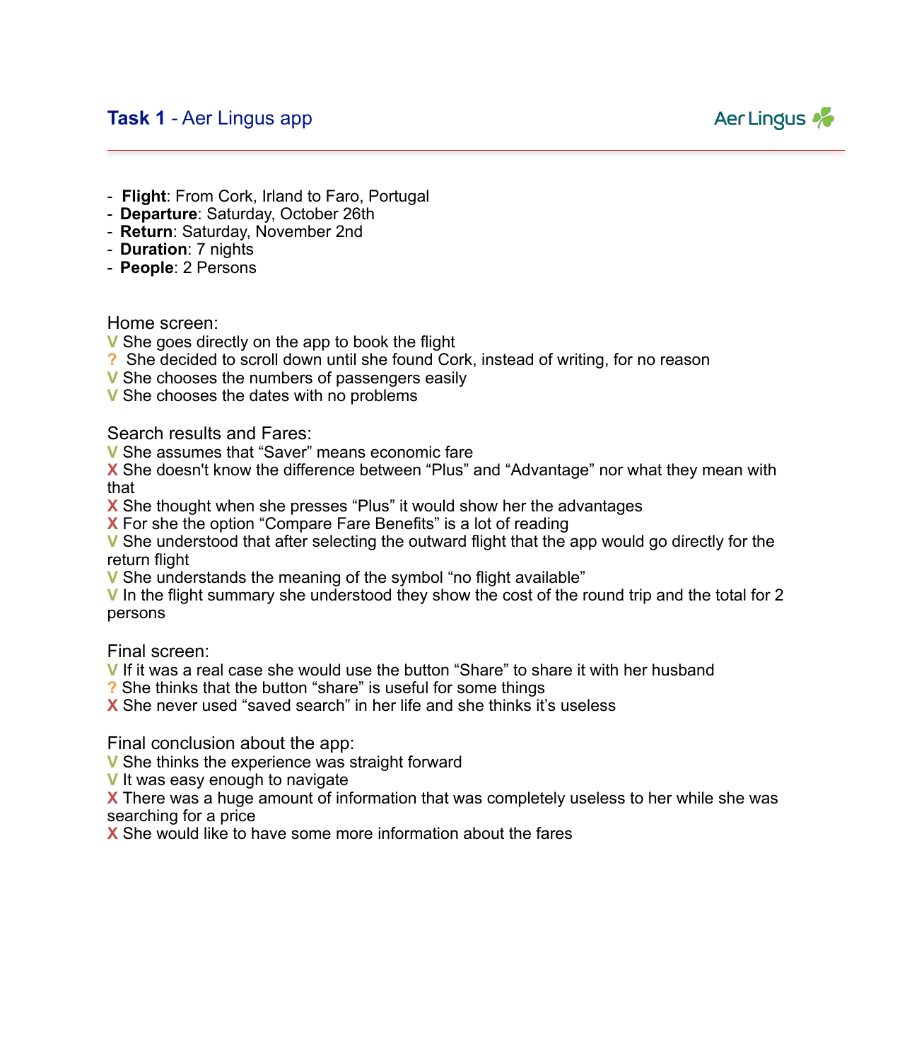 Original Aer Lingus session notes with positive, negative and neutral observations in chronological order
